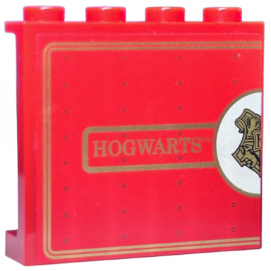 red panel 1 x 4 x 3 with side supports - hollow studs with half gold hogwarts crest on white circle and hogwarts pattern sticker - set 4841