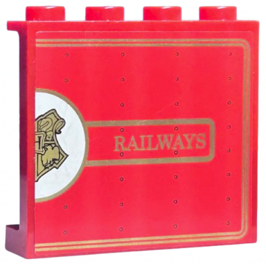 red panel 1 x 4 x 3 with side supports - hollow studs with half gold hogwarts crest on white circle and railways pattern sticker - set 4841