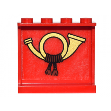 red panel 1 x 4 x 3 with side supports - hollow studs with gold mail horn pattern sticker - set 10222