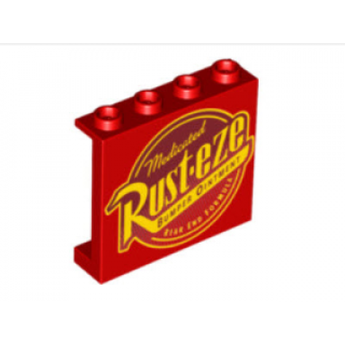 red panel 1 x 4 x 3 with side supports - hollow studs with rust-eze logo pattern