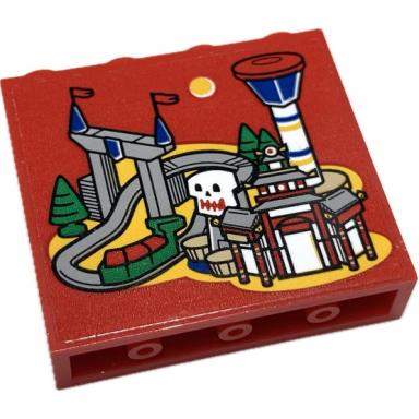red panel 1 x 4 x 3 with side supports - hollow studs with legoland park map with roller coaster and control tower on red background pattern sticker - set 40429