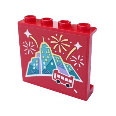 red panel 1 x 4 x 3 with side supports - hollow studs with bus skyline and white and bright light yellow fireworks pattern model left side sticker - set 60407
