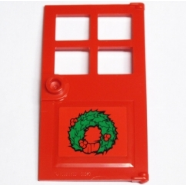 red door 1 x 4 x 6 with 4 panes and stud handle with green christmas wreath pattern sticker - set 10229