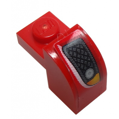 red slope curved 2 x 1 x 1 1 3 with recessed stud with silver grille and orange headlight on red background pattern model left side sticker - set 8185