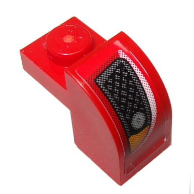 red slope curved 2 x 1 x 1 1 3 with recessed stud with silver grille and orange headlight on red background pattern model right side sticker - set 8185
