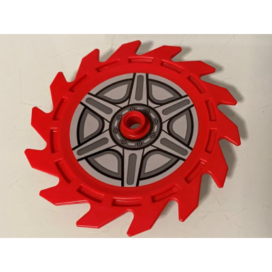 red technic circular saw blade 9 x 9 with pin hole and teeth in same direction with wheel spokes and hub pattern sticker - set 70640