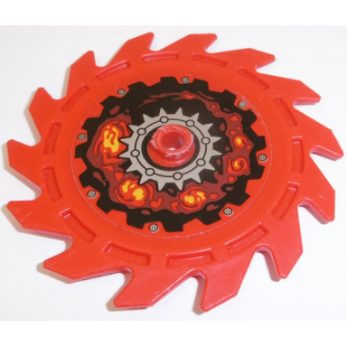 red technic circular saw blade 9 x 9 with pin hole and teeth in same direction with silver gear rivets and lava energy pattern sticker - set 70323