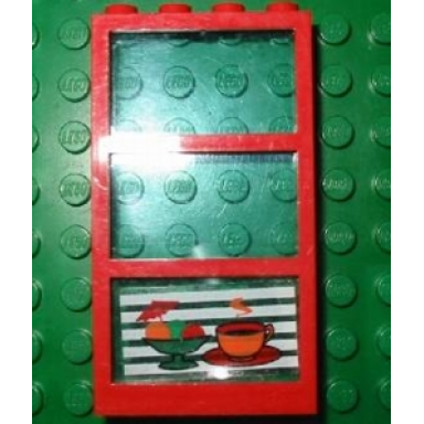 red window 1 x 4 x 6 with 3 panes with fixed trans-light blue glass with ice cream and coffee pattern sticker - set 4556