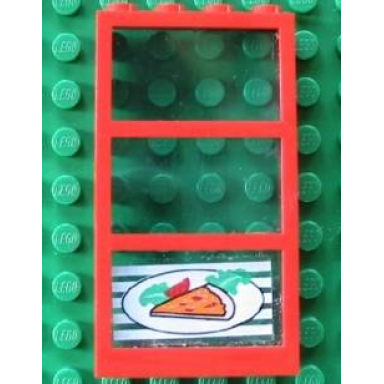 red window 1 x 4 x 6 with 3 panes with fixed trans-light blue glass with pizza pointing left pattern sticker - set 4556