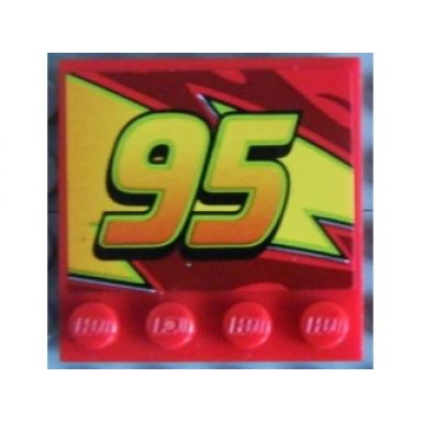 red tile modified 4 x 4 with studs on edge with 95 on lightning bolt pattern model right side sticker - set 8484