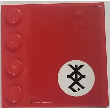 red tile modified 4 x 4 with studs on edge with black stylized ninjago logogram kai in white circle pattern model left side sticker - set 70615