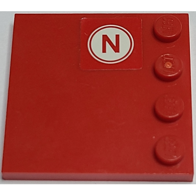 red tile modified 4 x 4 with studs on edge with red letter n on white circle pattern sticker - set 8157