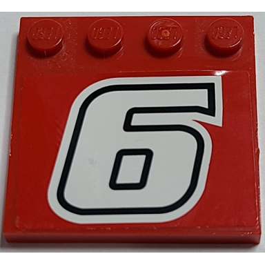 red tile modified 4 x 4 with studs on edge with white number 6 with black outline pattern sticker - set 8157