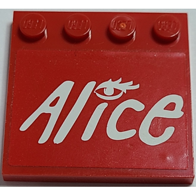 red tile modified 4 x 4 with studs on edge with white alice logo and eye with eyelashes pattern sticker - set 8157