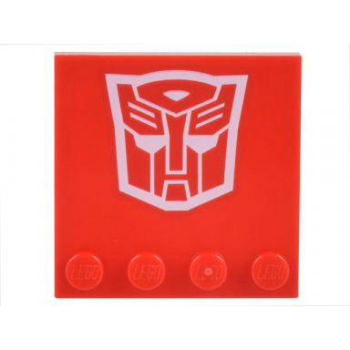 red tile modified 4 x 4 with studs on edge with white transformers autobot symbol pattern