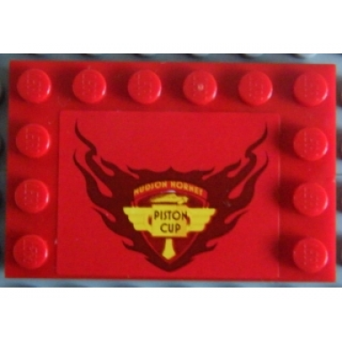 red tile modified 4 x 6 with studs on edges with hudson hornet piston cup pattern sticker - set 8484