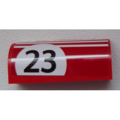 red slope curved 1 x 4 x 1 1 3 with black 23 on white background pattern model left side sticker - set 75876