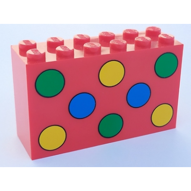 red brick 2 x 6 x 3 with blue green and yellow dots pattern