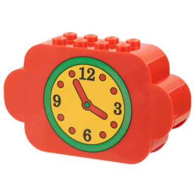 red slope curved 8 x 2 x 4 triple with 8 studs with yellow clock face with green border pattern