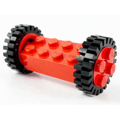 red brick modified 2 x 4 with pins with 2 red wheel freestyle with technic pin hole and 2 black tire 24mm d x 8mm offset tread 6249 6248 3483