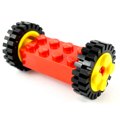 red brick modified 2 x 4 with pins with 2 yellow wheel freestyle with technic pin hole and 2 black tire 24mm d x 8mm offset tread 6249 6248 3483