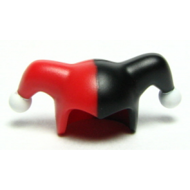 red minifigure headgear jesters cap with black left side and white pom poms pattern