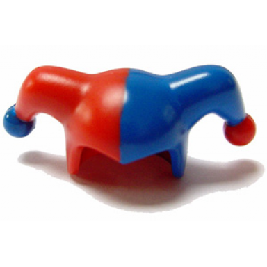 red minifigure headgear jesters cap with blue left side and blue pom pom right side pattern