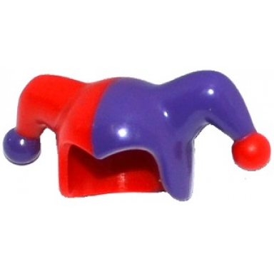 red minifigure headgear jesters cap with dark purple left side and dark purple pom pom right side pattern