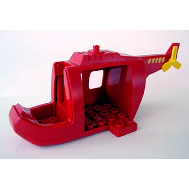 red duplo helicopter body large with red base red tail yellow tail rotor and yellow stripes pattern