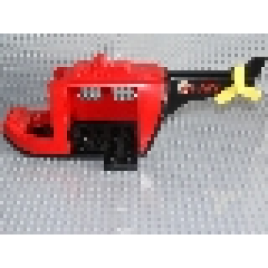 red duplo helicopter body large with black base black tail yellow tail rotor and fire pattern