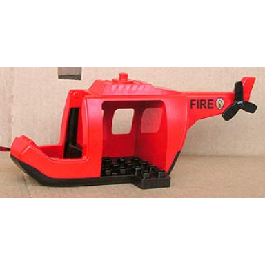 red duplo helicopter body large with black base red tail black tail rotor and black fire pattern