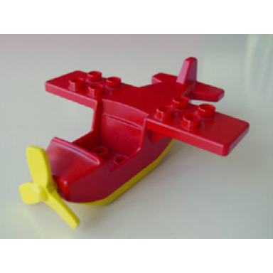 red duplo airplane small wings on top with yellow bottom and yellow propeller
