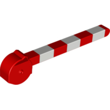 red duplo train crossing gate crossbar with small handle with white stripes pattern