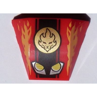 red wedge 4 x 3 triple curved no studs with yellow and silver headlights gold ninjago fire power emblem and flames pattern