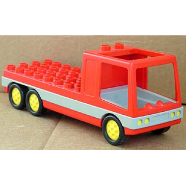 red duplo truck with 4 x 8 flatbed yellow wheels and light gray cabin and sides