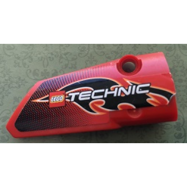 red technic panel fairing 4 small smooth long side b with black flames and lego technic logo pattern sticker - set 8051