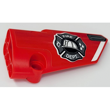 red technic panel fairing 4 small smooth long side b with fire dept shield and door handle pattern sticker - set 42075