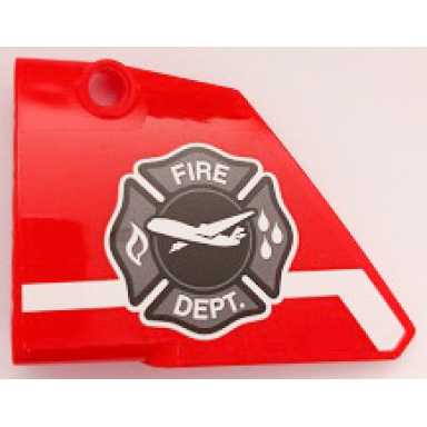 red technic panel fairing 13 large short smooth side a with fire dept shield with airplane and white stripe pattern sticker - set 42068