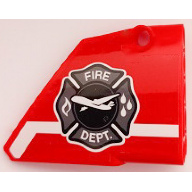 red technic panel fairing 14 large short smooth side b with fire dept shield with airplane and white stripe pattern sticker - set 42068