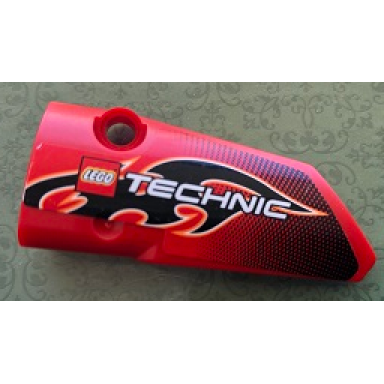 red technic panel fairing 3 small smooth long side a with black flames and lego technic logo pattern sticker - set 8051