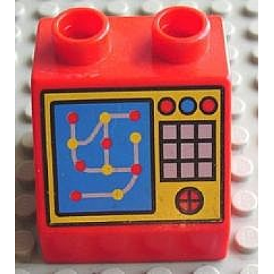 red duplo brick 2 x 2 x 1 1 2 slope 45 with blue computer screen and white buttons on yellow background pattern