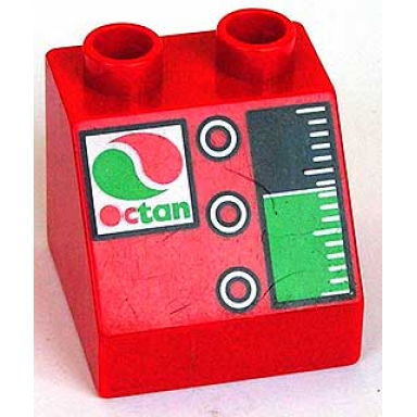 red duplo brick 2 x 2 x 1 1 2 slope 45 with octan logo 3 vertical buttons and gas gauge pattern