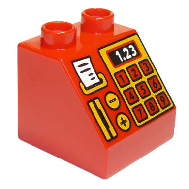 red duplo brick 2 x 2 x 1 1 2 slope 45 with cash register card reader receipt and 1.23 pattern