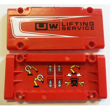 red technic panel plate 5 x 11 x 1 with uw lifting service on outside and operating instructions on inside pattern model left stickers - set 8258