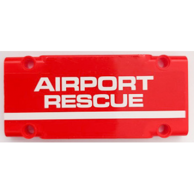 red technic panel plate 5 x 11 x 1 with white airport rescue and stripe pattern sticker - set 42068