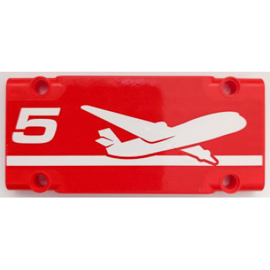 red technic panel plate 5 x 11 x 1 with white airplane stripe and number 5 pattern model right side sticker - set 42068