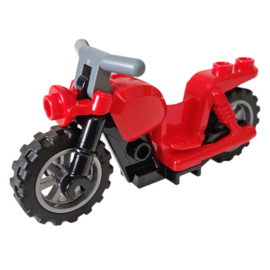 red motorcycle chopper with black frame flat silver wheels and dark bluish gray handlebars