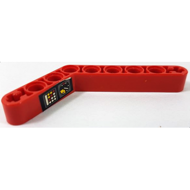 red technic liftarm modified bent thick 1 x 9 6 - 4 with black gauge and red yellow and white buttons pattern model left side sticker - set 8443