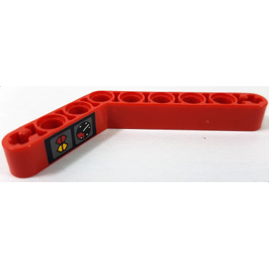 red technic liftarm modified bent thick 1 x 9 6 - 4 with black gauge and red and yellow buttons pattern model right side sticker - set 8443