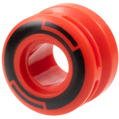 red wheel 11mm d x 8mm with center groove 8 spokes and smooth side with black circle and arcs pattern